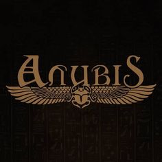 the logo for anubis is shown in gold on a black background with egyptian writing