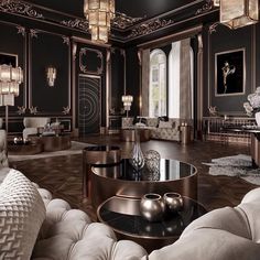 an elegant living room with chandeliers and couches