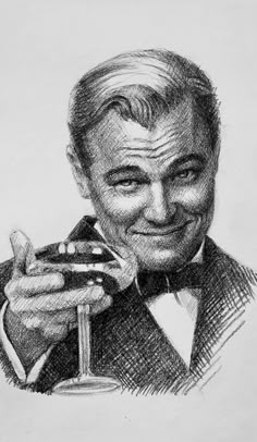 a drawing of a man holding a wine glass in his right hand and smiling at the camera