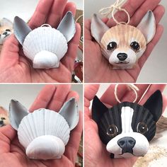 four different pictures of a dog made out of seashells, including a hand holding a small ornament