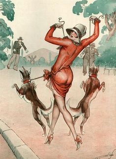 an old fashion drawing of a woman playing golf with two dogs