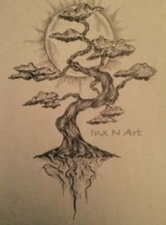 an ink drawing of a tree with mountains in the background and sun rising above it