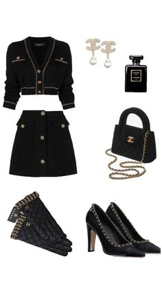 black and gold chanel inspired outfit Chanel Inspired Outfit, Chanel Inspired, Gold Chanel, Black And Gold, Chanel, Gold, Black