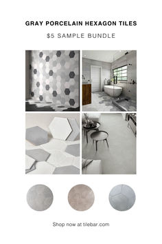 the gray porcelain hexagon tiles are shown in four different colors and sizes, including white