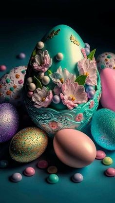 there are many different colored eggs on the table with flowers and butterflies around them, as well as some candies