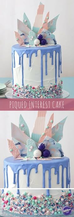 two pictures of a cake with blue icing and sprinkles on it