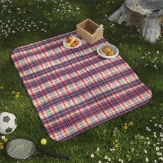 a picnic blanket with food on it sitting in the grass next to a tennis racket