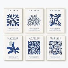 six blue and white cards with different designs