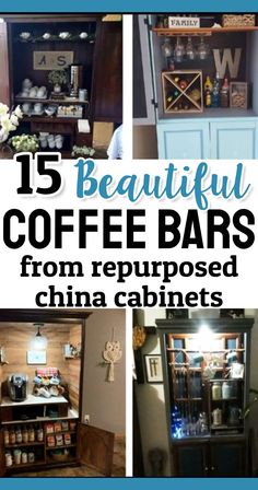 several different pictures with the words, hutch redo ideas and clever uses for an old hutch or china cabinet