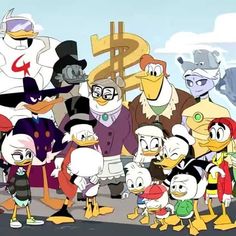 many cartoon characters are standing together in front of a dollar sign