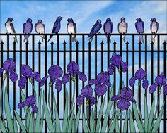 several birds sitting on top of purple flowers in front of a metal fence with blue sky and clouds