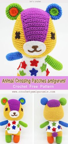 an animal crochet pattern is shown in three different colors