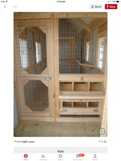 the inside of a wooden house with metal mesh doors