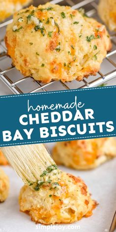 homemade cheddar bay biscuits on a cooling rack