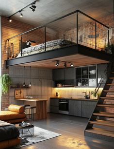 a loft bed sitting above a kitchen next to a living room filled with furniture and decor