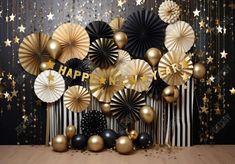 Black and Gold Happy New Year Backdrop - Gatsby Backdrop New Year Backdrop Ideas Diy, New Years Backdrop Ideas, Paper Fans Decoration Backdrops, Black And Gold Photo Backdrop, New Years Photo Backdrop, Happy New Year Backdrop, Black And White Party Decorations, Nye 2024, Backdrop Photoshoot