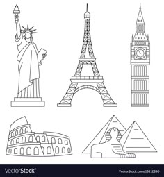 the symbols of the world in black and white eps10896 - eiffel tower, statue of liberty