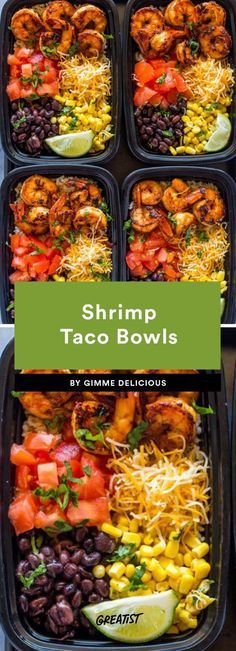 shrimp taco bowls with black beans, corn, tomatoes and avocado are ready to be eaten