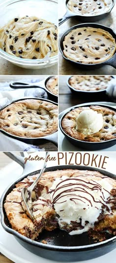 the process of making pies with chocolate chip cookies and ice cream on top is shown