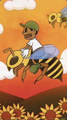 a man riding on the back of a bee next to sunflowers