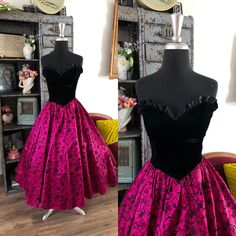 "<> 1980's dress <> Nylon zipper back  <> Color: Black with magenta and black skirt <> Skirt is flocked in black floral design  <> Material: nylon, rayon, acetate <> Strapless sweetheart neckline <> Built in crinoline <> Boned bodice  <> Label: Gunne Sax <> Condition: Excellent with light to normal wear. Only noticeable flaw is a worn area in the black velvet bodice. Photos above  Measurements: Length: 44\" Bust: 34\" Waist: 28\" Hips: free Bust to Waist: 10.5\"" Yellow Chiffon Dress, Dress With Puffy Sleeves, Magenta Dress, Nylon Dress, Strapless Sweetheart Neckline, 1980s Dresses, Hawaiian Dress, Gunne Sax, Floral Lace Dress