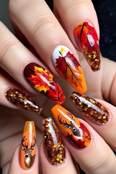 Fall Nails With Leaves Acrylic, Fall Deer Nails, Fall Leaves Nails Acrylic, Woodland Nails, Fall Nails Encapsulated Leaves, Red Fall Nails With Leaves, Fall Plaid And Leaf Nails, Deer Nails, Sweater Nails