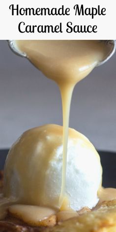 homemade maple caramel sauce being drizzled over pancakes on a black plate