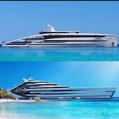 two pictures of a large white boat in the middle of the ocean and on the beach