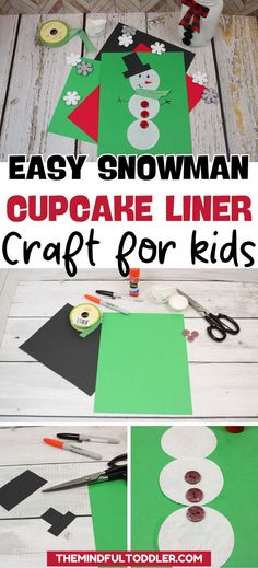 A snowman built out of cupcake liners. Text reads, "Easy snowman cupcake liner craft for kids at themindtultoddler.com." Snowman Craft For Toddlers, Easy Christmas Crafts For Toddlers, Cupcake Liner Crafts, Easy Christmas Craft, Craft For Toddlers, Easy Toddler Crafts, Snowman Cupcakes, Snowman Craft, Christmas Crafts For Toddlers