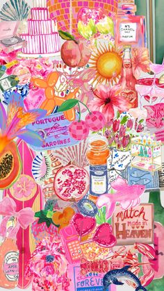 a collage of flowers, fruit and other items