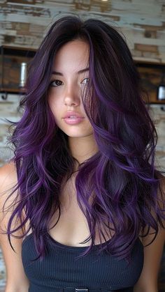 Dark Brown And Purple Hair Split Dye, Violet Hair With Money Piece, Purple Highlights For Dark Brown Hair, Peekaboo Hair Color Purple And Brown, Purple Dimensional Hair, Colorful Hair For Brunettes, Dark Purple Halo Hair, Multi Purple Hair, Purple Hair On Brunette