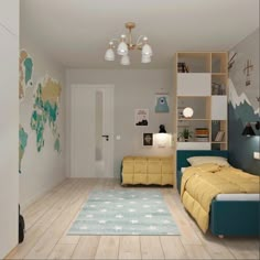 a bedroom with yellow and blue furniture in it