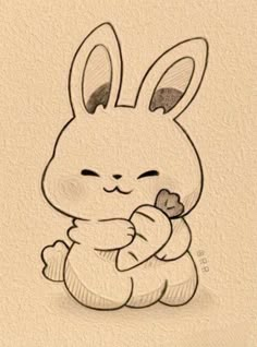 a drawing of a bunny holding something in its hands and looking at it's face