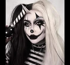 Black And White Clown Costume Diy, Black White And Red Clown Makeup, Punk Clown Costume, Scary Female Clown Makeup, Creepy Girl Clown Makeup, Twisted Clown Makeup, Clown Skeleton Makeup, Scary Mime Makeup, Clown Makeup White Face