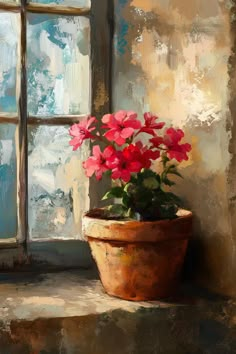 a painting of a potted plant sitting in front of a window with the sun shining through