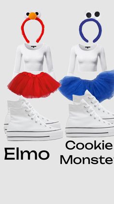 two white shoes with blue and red tulle skirts on them, one has an elmo cookie monster headband