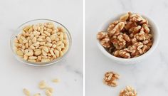 two bowls filled with nuts on top of a white marble counter next to each other