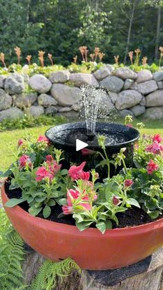 a potted planter filled with flowers on top of a tree stump