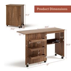 an image of a wooden desk with drawers and measurements on the bottom half of it