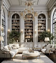 a living room filled with lots of white furniture