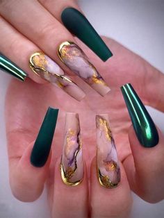 French Marble Pattern Gradient Stripes Long Ballerina/Stiletto Fake Nails Set 24pcs + Jelly Glue 1pc + Nail File 1pc Press On Nails Nail Supplies | SHEIN UK Acrylic Nails Stiletto, Emerald Nails, Green Acrylic Nails, Dark Green Nails, Nagellack Trends, Fall Manicure, Green Nail Designs, Striped Nails, Acrylic Coffin