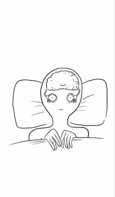 a drawing of a person laying in bed with their head on the pillow and eyes closed