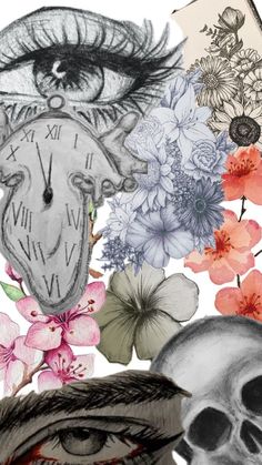 a drawing of a skull and flowers with an eye on it's face next to a clock