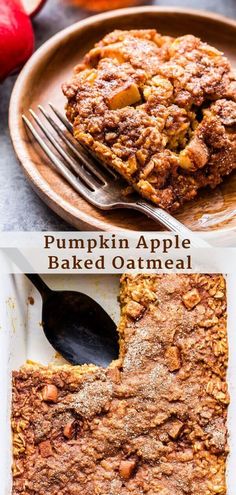 two pictures showing different types of baked oatmeal and pumpkin apple pies