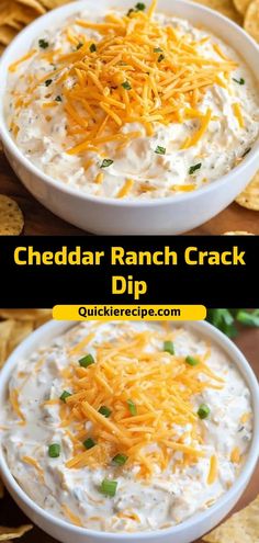 two pictures showing different types of dips with cheese and crackers on the side