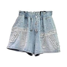 Welcome to summer fashion in its utmost sophistication with our 2023 Summer Collection—Pearl Decorated Denim Shorts! A high-waisted. loose-fitting piece. these shorts blend retro appeal with modern fashion. Let those sun-kissed legs shine through the day and night. thanks to the sultry. strapless design and audacious. raw hem. Perfectly complemented by pearl embellishments. functional buttons. and a rubber closure. these shorts will never fail to make a statement.Distinctive Features: Y2K Style: Spring High Waist Embellished Jeans, High-waist Embellished Jeans For Spring, Denim Blue Embellished Bottoms, Trendy Embellished Jeans For Spring, Trendy Embellished Spring Jeans, Trendy Embellished Denim Blue Bottoms, Chic Summer Jean Shorts, Trendy High Waist Embellished Bottoms, Trendy High Waisted Embellished Bottoms