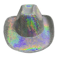 a silver cowboy hat with holographics on it