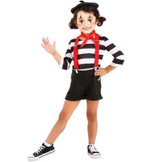 Set out of your comfort zone and get traped in an imaginary box with this Classic Mime Costume for toddlers. This costume includes a striped pullovers shirt with 3/4-length sleeves. The shorts have an elastic waistband and turned-up cuffs. Also included is a pair of elastic suspenders that are length-adjustable, a beret hat, and tie neck scarf. Mime Costume, Red Suspenders, Black Striped Shirt, Circus Costume, Out Of Your Comfort Zone, Funny Costumes, Striped Pullover, Clown Costume, Toddler Costumes