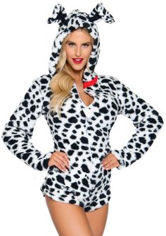 a woman in a costume that looks like a cat with black and white spots on it