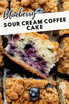 blueberry sour cream coffee cake cut in half and stacked on top of each other